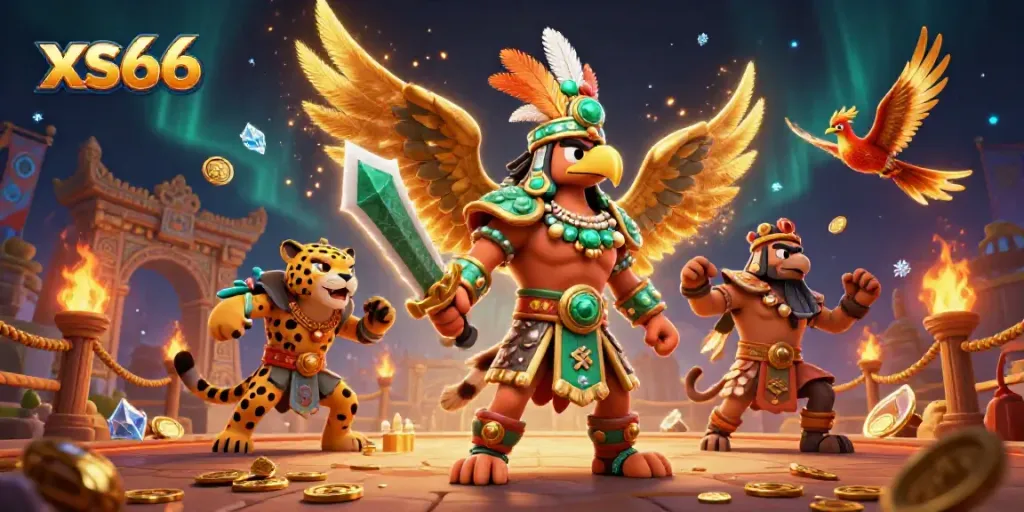 Experience the excitement of gambling at xs66 with Aztec warriors amidst golden coins and vibrant visuals.