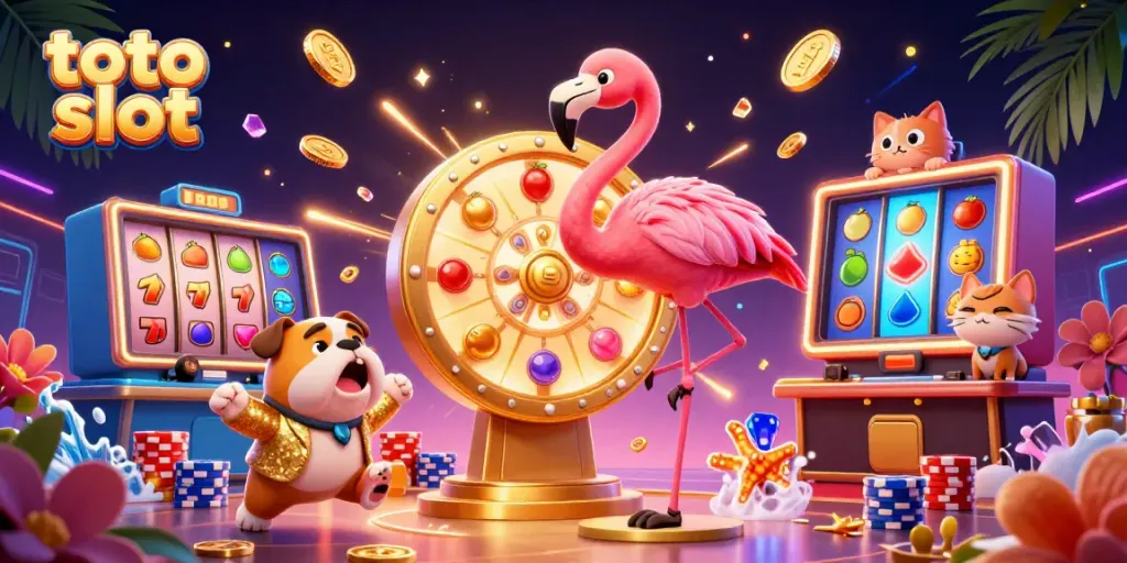 Spin the giant prize wheel with toto slot's vibrant 3D game show scene featuring animated characters and casino elements.
