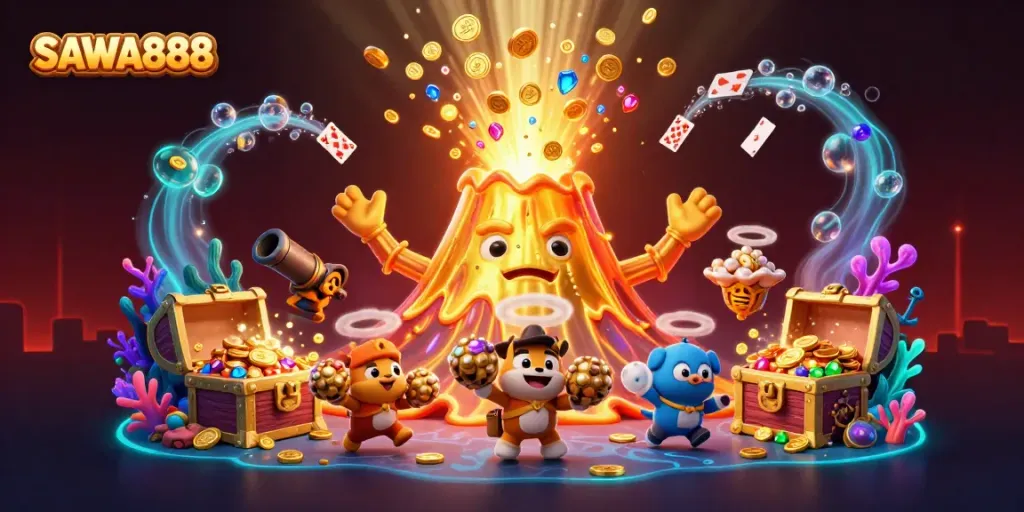 SAWA888 celebrates winning moments with vibrant 3D casino illustration featuring golden eruption and treasure.