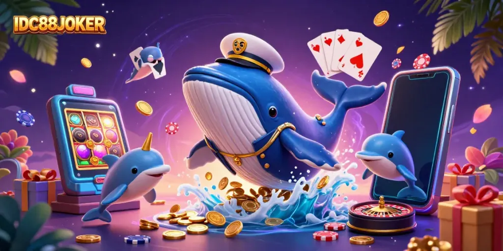 Experience the excitement of IDC88JOKER with a vibrant 3D scene showcasing whales and playful dolphins in a treasure of coins.