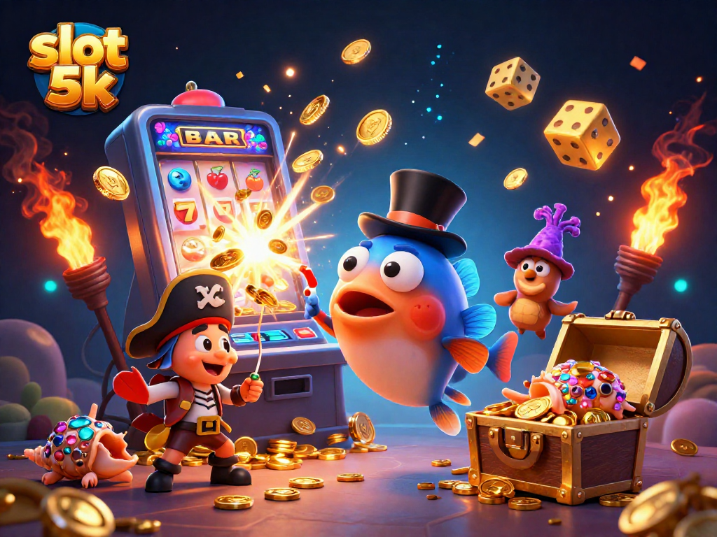 Engage with exciting slot 5k adventures alongside animated characters in a vibrant casino scene.