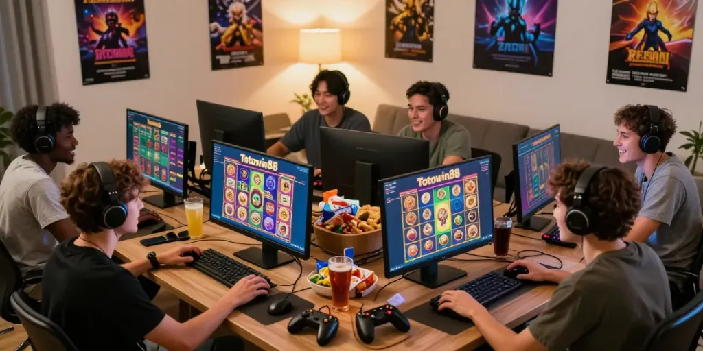 Lingkaran teman bermain game slot totowin88 yang ceria di ruang tamu.