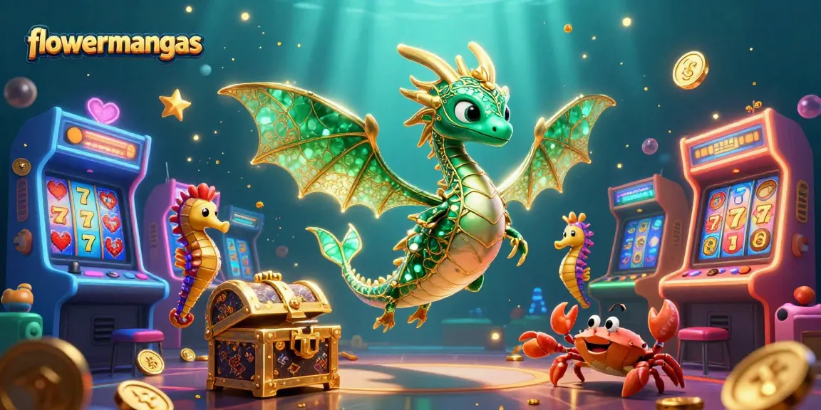 Engage in exciting casino adventures with flowermangas featuring a colorful 3D illustration of a sea dragon and arcade games.