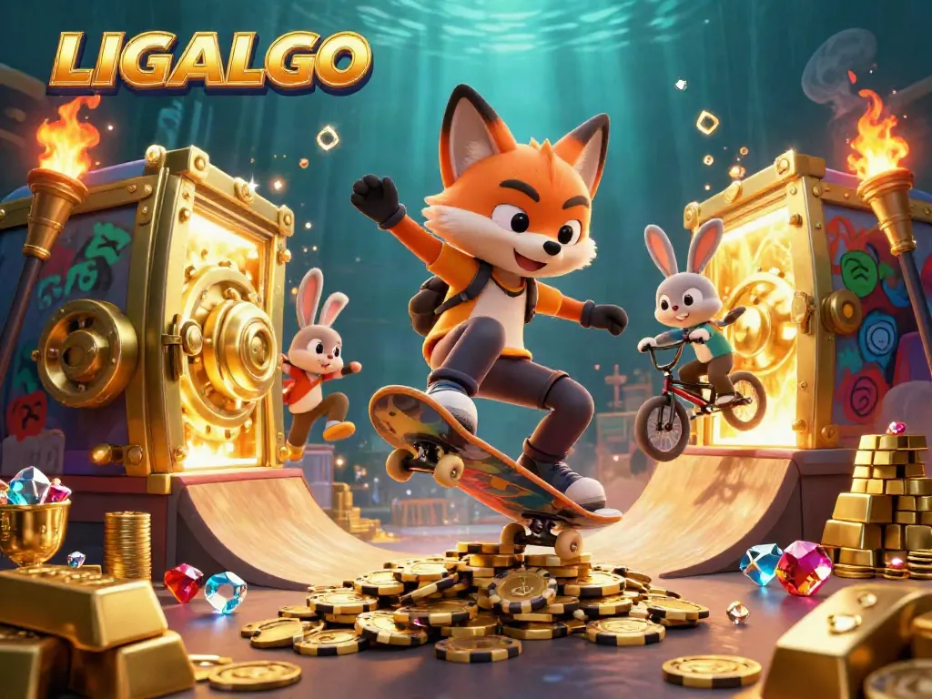 LIGALGO features a skateboarder fox and BMX rabbit amidst golden casino wealth.
