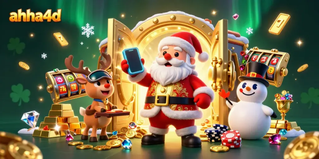 Engage with ahha4d's vibrant casino scene featuring Santa with jackpot slots, reindeer dealer, and poker chip snowman.