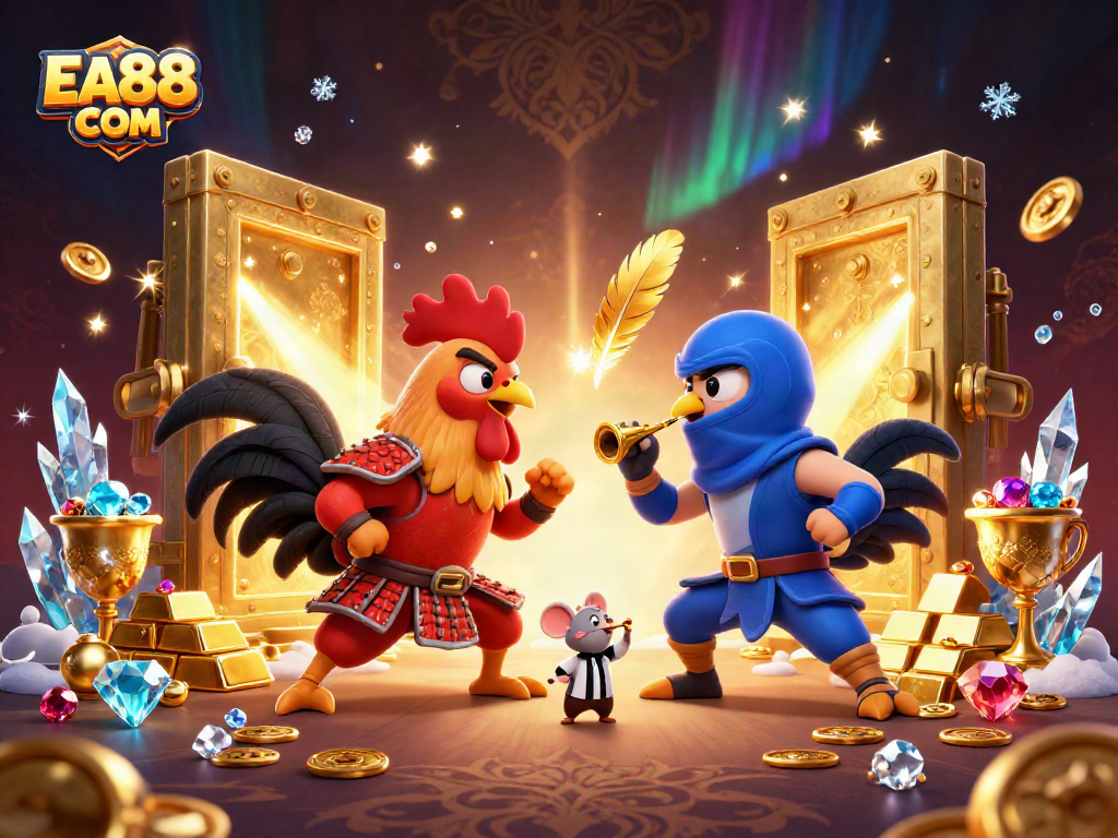 Engage in thrilling gameplay with EA88 COM as cockfight champions showcase their skills amid golden treasures.
