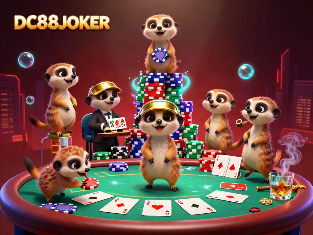Experience the thrill of DC88JOKER with meerkats running a vibrant casino filled with colorful chips and dramatic playing cards.