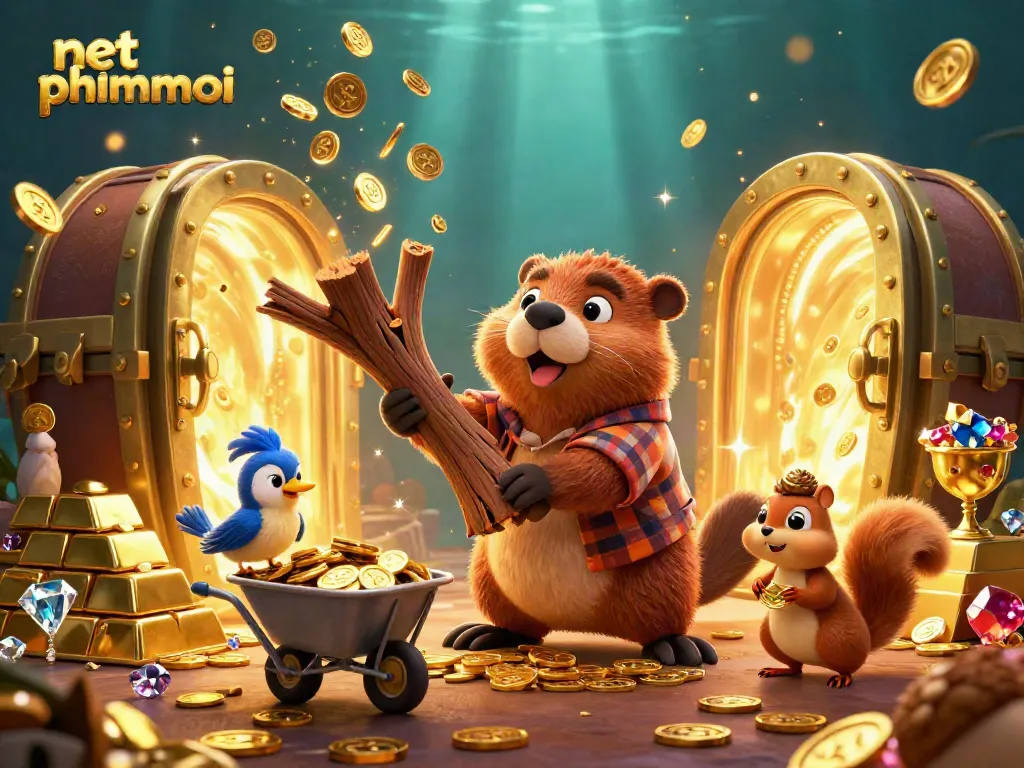 Engaging net phimmoi-themed illustration with a beaver, bird, and squirrel amidst golden coins and treasures.