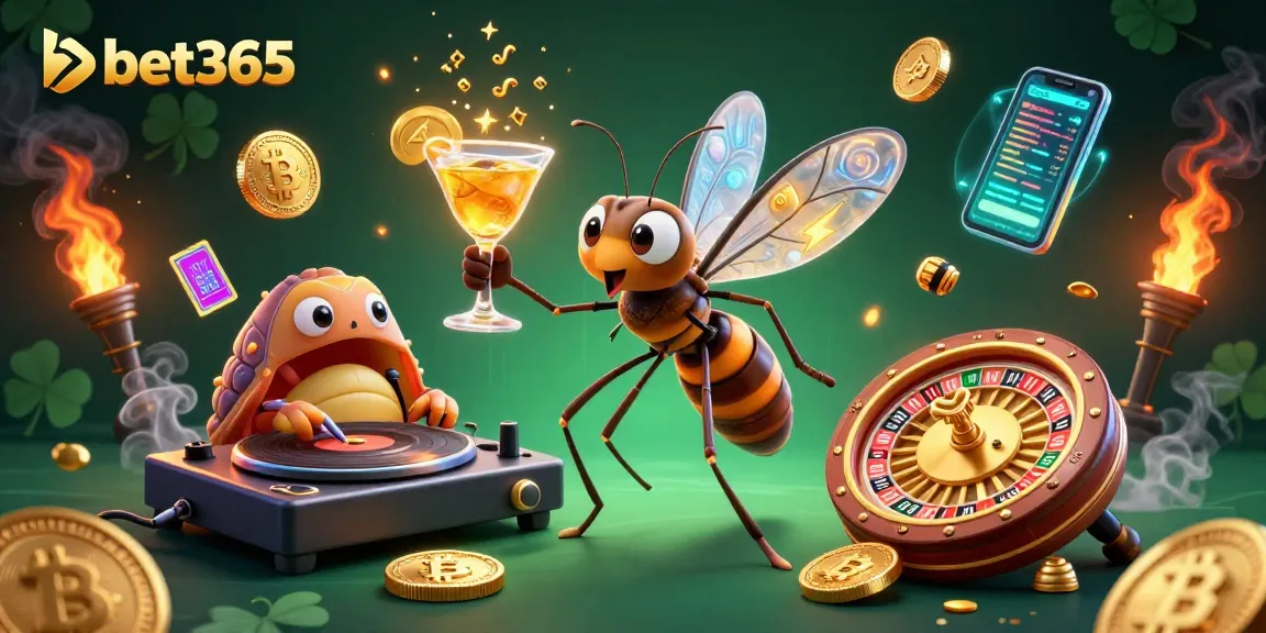 Engage with bet365's thrilling casino theme featuring vibrant characters and slot elements.