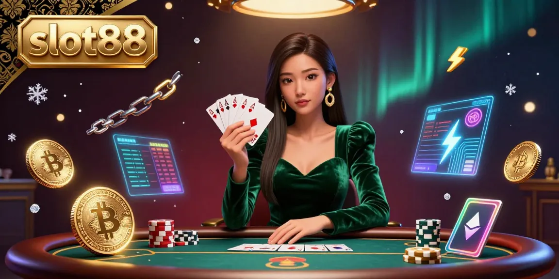 Engage with slot88 and experience thrilling gameplay at a luxury poker table in this artful scene.