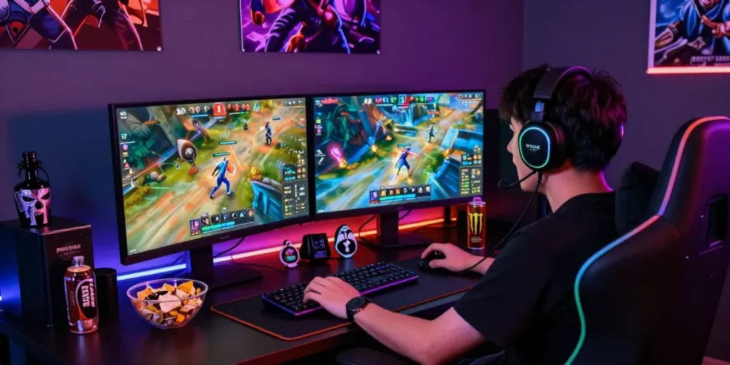 Seorang pemain Kediritoto terlibat dalam pertandingan game online dengan dua monitor serta pernak-pernik permainan yang menarik.