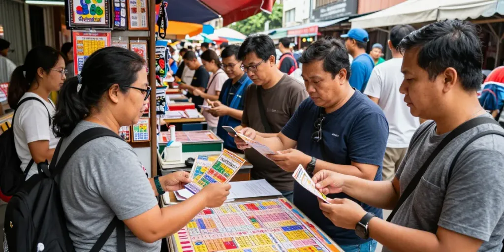 Masyarakat membeli tiket dewitogel di pasar urban yang ramai, menggambarkan pengalaman taruhan yang dinamis.