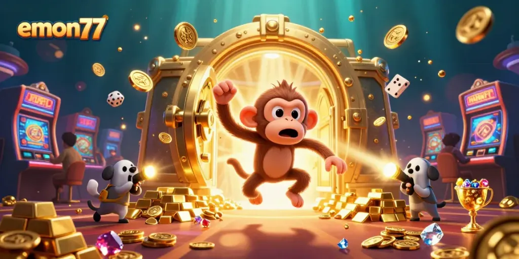 Experience emon77 in a vibrant casino adventure with playful characters and golden treasures.