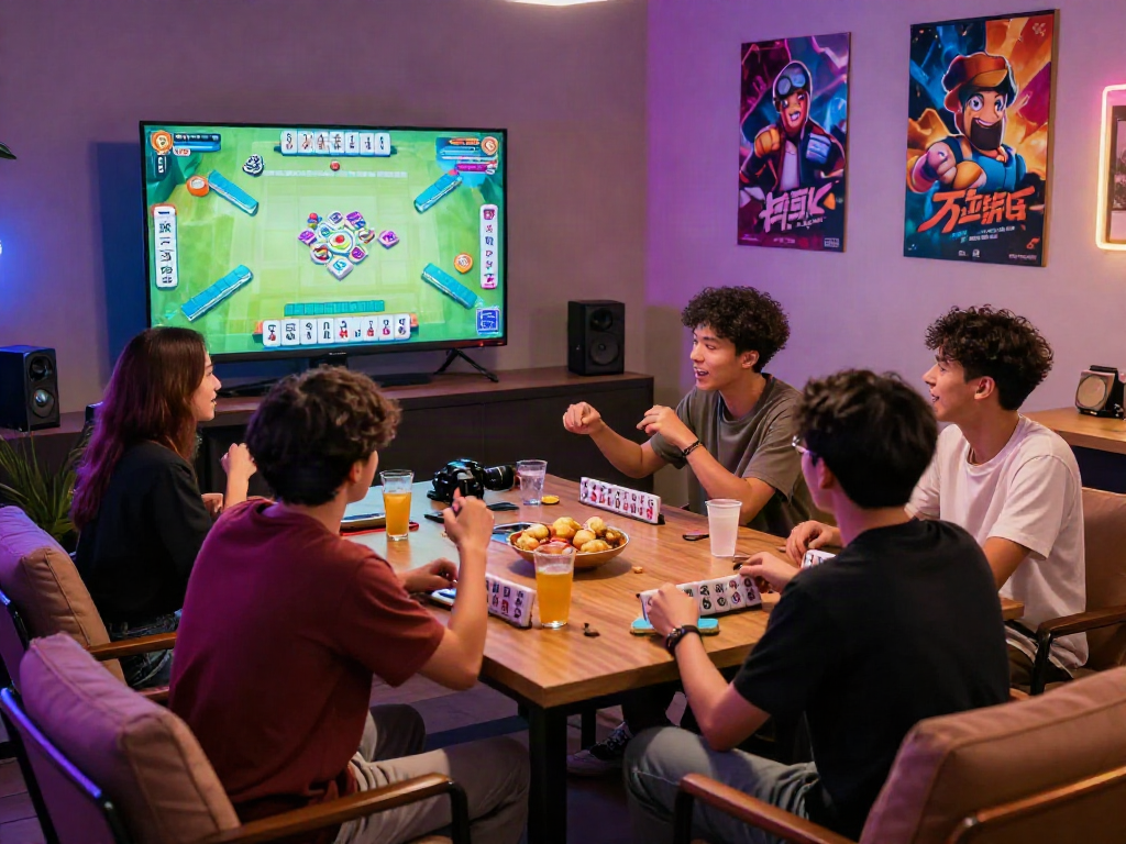 Young adults playing Slot MAHJONGJP88 in a lively gaming room