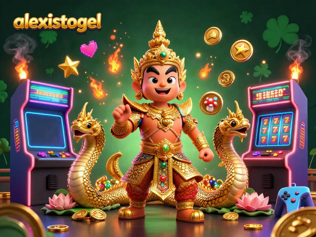 Merayakan permainan slots dengan alexistogel, penjaga kuil yang bersinar di latar belakang kasino.