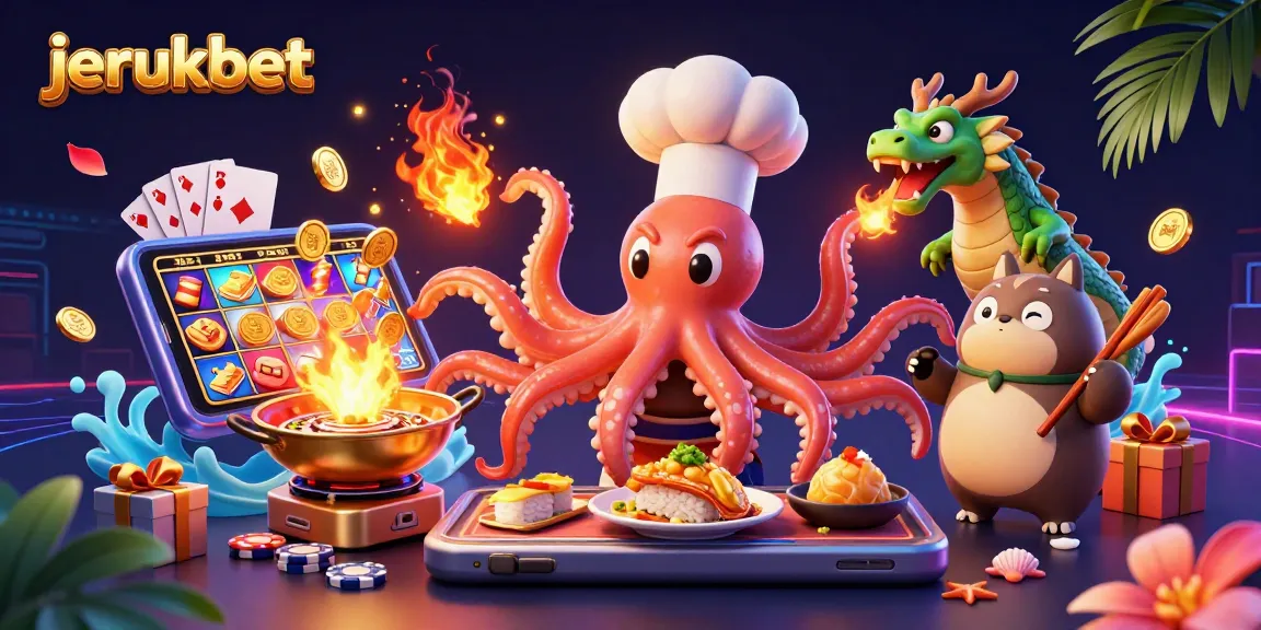 Menangkan permainan slot di jerukbet dengan ilustrasi menarik dari chef octopus dan dragon.