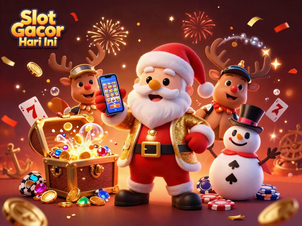 Play exciting Slot Gacor Hari Ini with Santa and friends in a vibrant 3D casino scene.