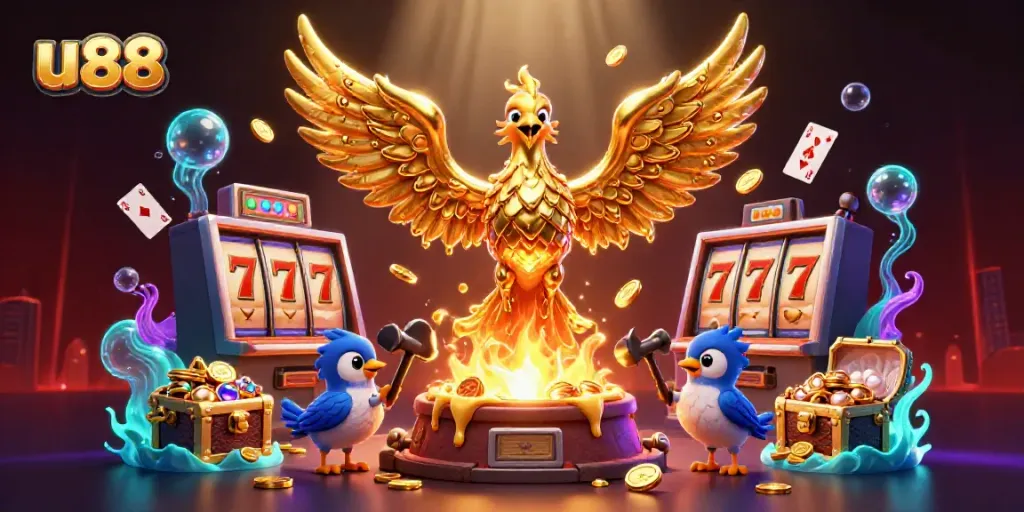 Witness the golden phoenix of u 88 amidst a dynamic casino scene, celebrating jackpot wins.