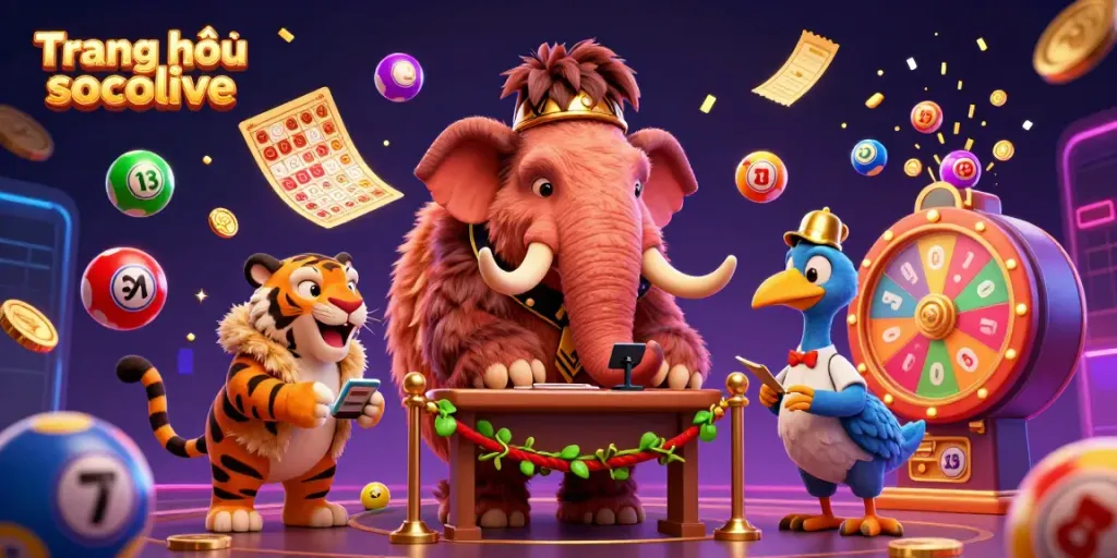 Watch the vibrant action unfold in Trang chủ socolive with a cartoon mammoth bouncer, tiger guest, and doorman.