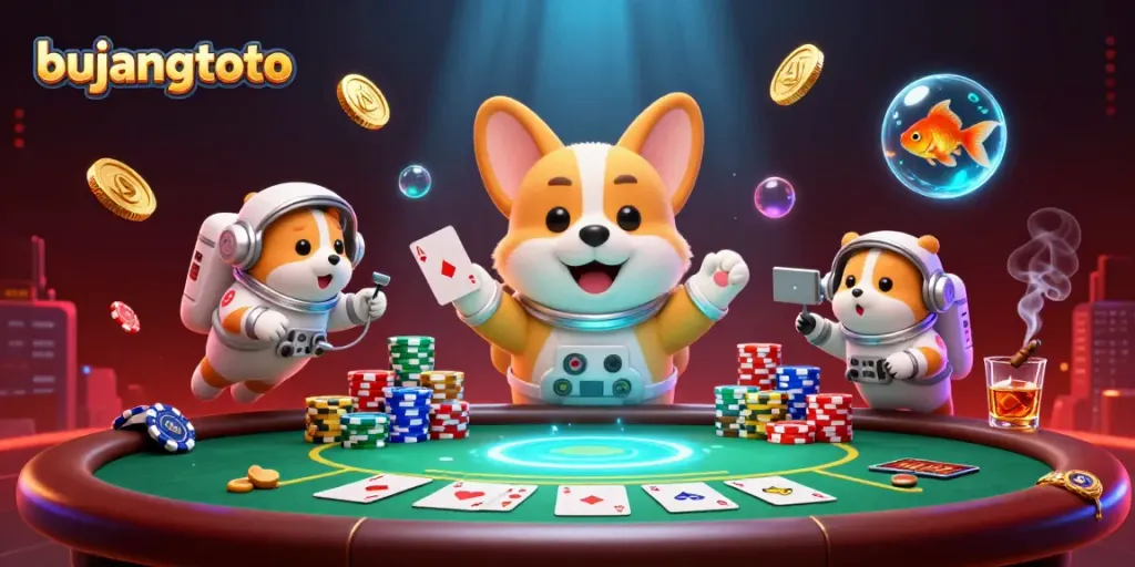 Bujangtoto menampilkan corgi astronot mengapung di kasino luar angkasa dengan chip poker dan koin di sekitar, memberikan instruksi yang menarik.