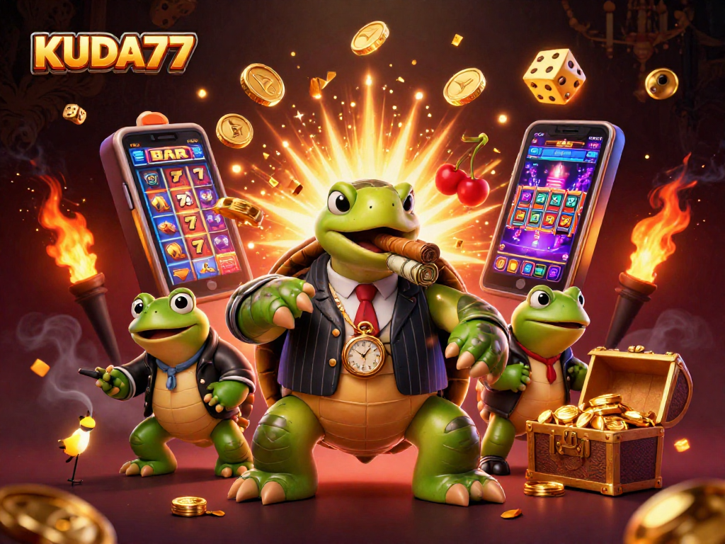 KUDA77 menampilkan kura-kura pemimpin kasino dengan harta karun dan mesin slot meriah.