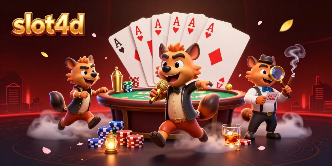 Engage in thrilling slot4d action with lively hyena characters at a vibrant comedy casino scene.
