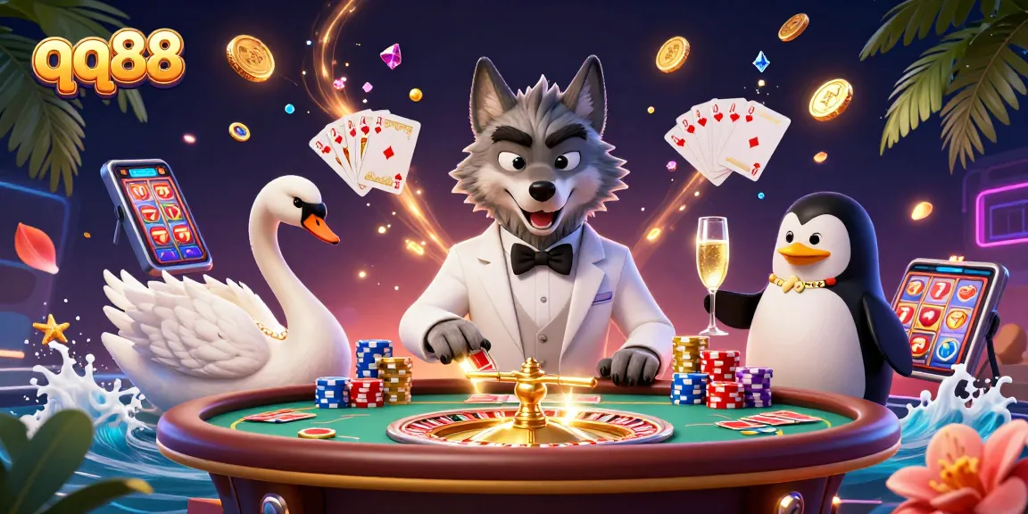 qq88 players enjoy thrilling casino action with a debonair wolf, elegant swan, and penguin sommelier in a vibrant scene.