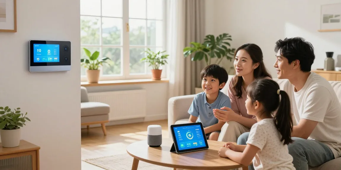 Family interacting with a smart thermostat in a modern living room, showcasing home comfort and energy efficiency.