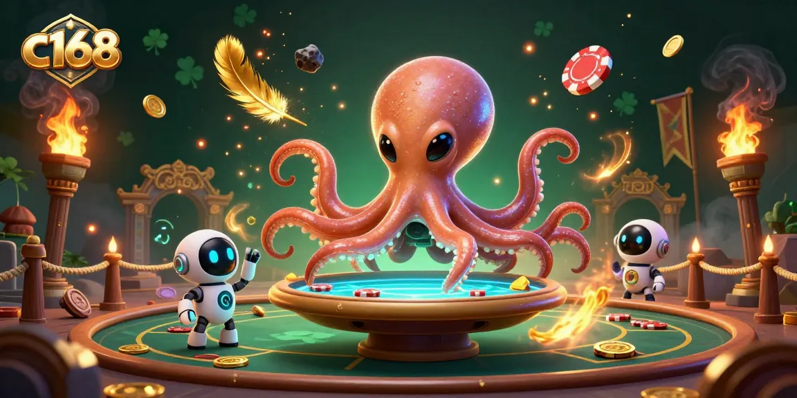 Engage with c168's exciting holographic poker scene featuring a vibrant alien octopus and robot companion.