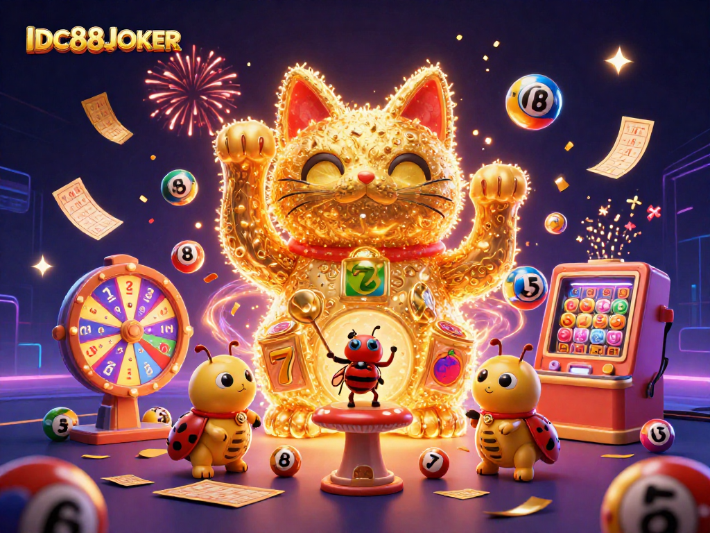 Engage in exhilarating gameplay at IDC88JOKER with a vibrant scene of our lucky cat and dynamic casino elements.