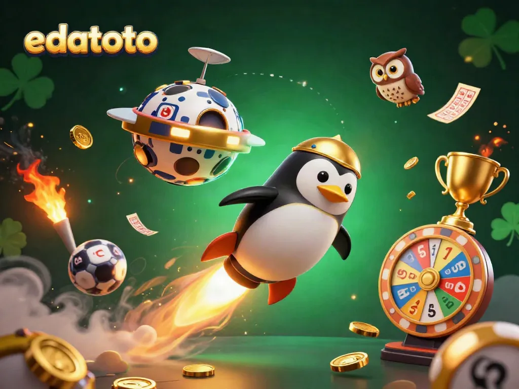 Permainan edatoto dengan penguin emas dan bola lotre ceria di ruang angkasa.