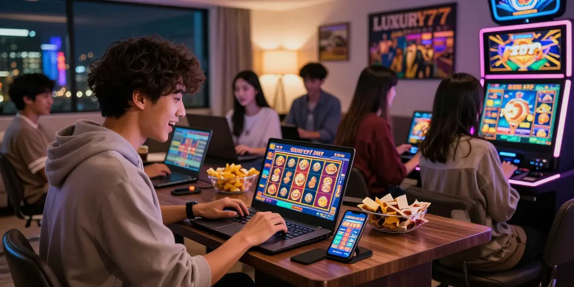 Pengalaman bermain Situs LUXURY777 di ruang modern dengan pemain bersemangat dan permainan digital yang menarik.