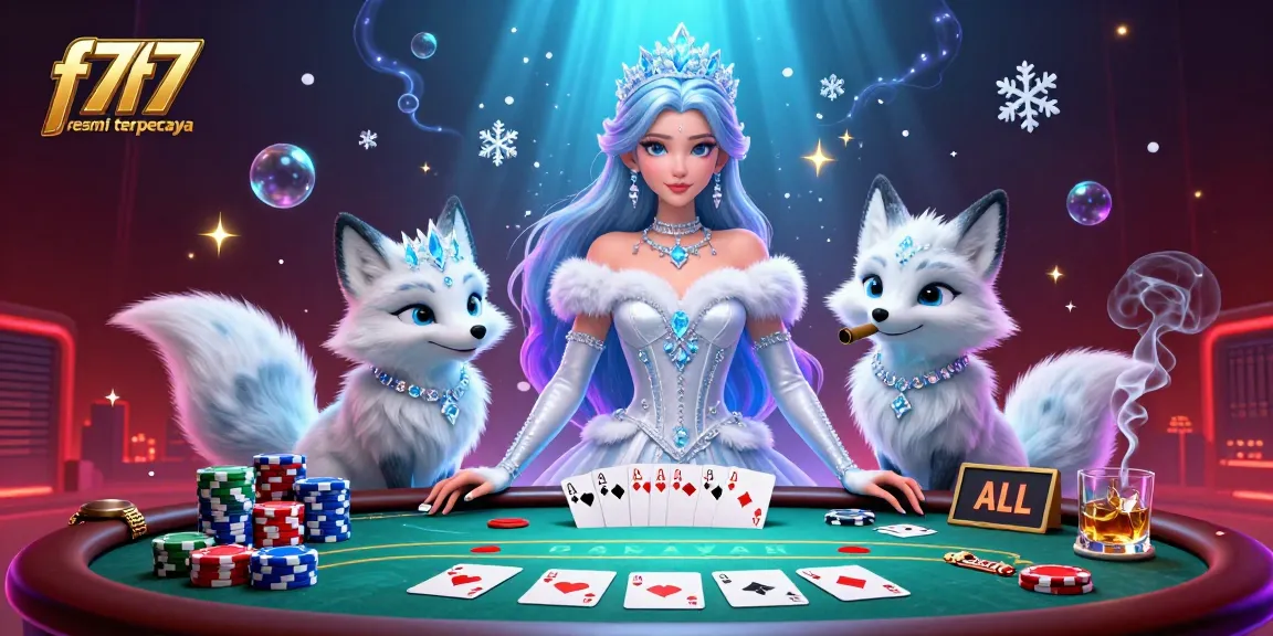 Engage with f7f7 resmi terpercaya in a vibrant 3D casino scene of poker excitement with alluring characters and game elements.