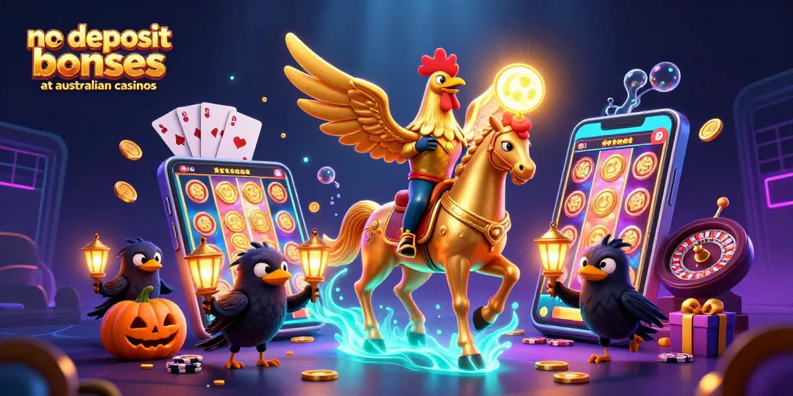 No deposit bonuses at Australian casinos illustrated with a golden rooster and dynamic gaming elements.