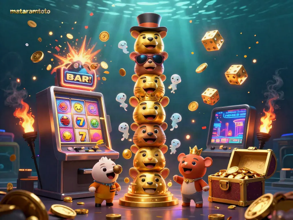 Experience gaming excitement with mataramtoto's golden totem, slot machine, and vibrant casino elements.