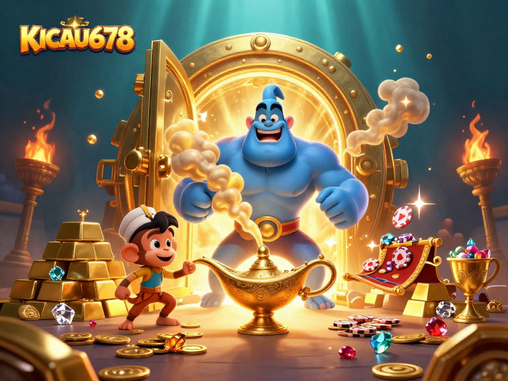 KICAU678 casino adventure scene illustrating a genie, monkey, and poker chips amidst treasures.