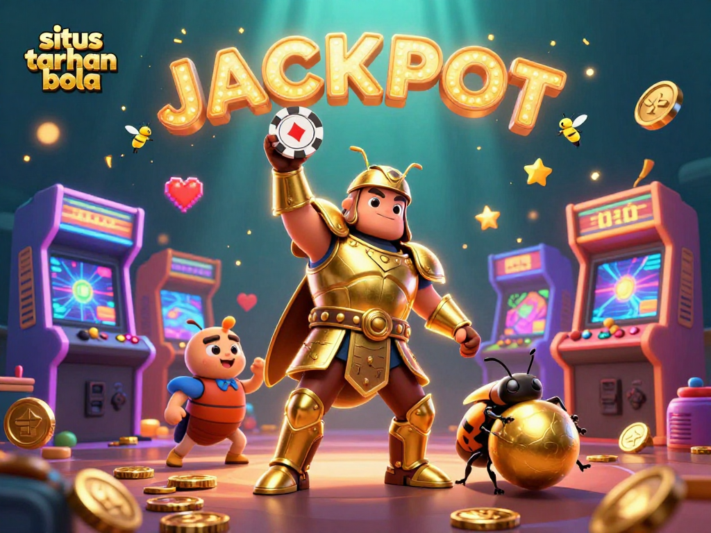 Swing into action with situs taruhan bola as a gladiator beetle lifts poker chip amidst glowing arcade elements.