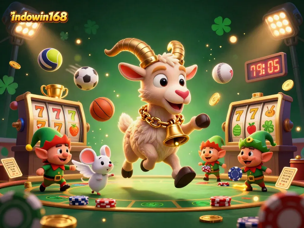 Experience exciting gameplay at indowin168 with Krampus, an angel mouse, and gremlins in a vibrant casino scene.
