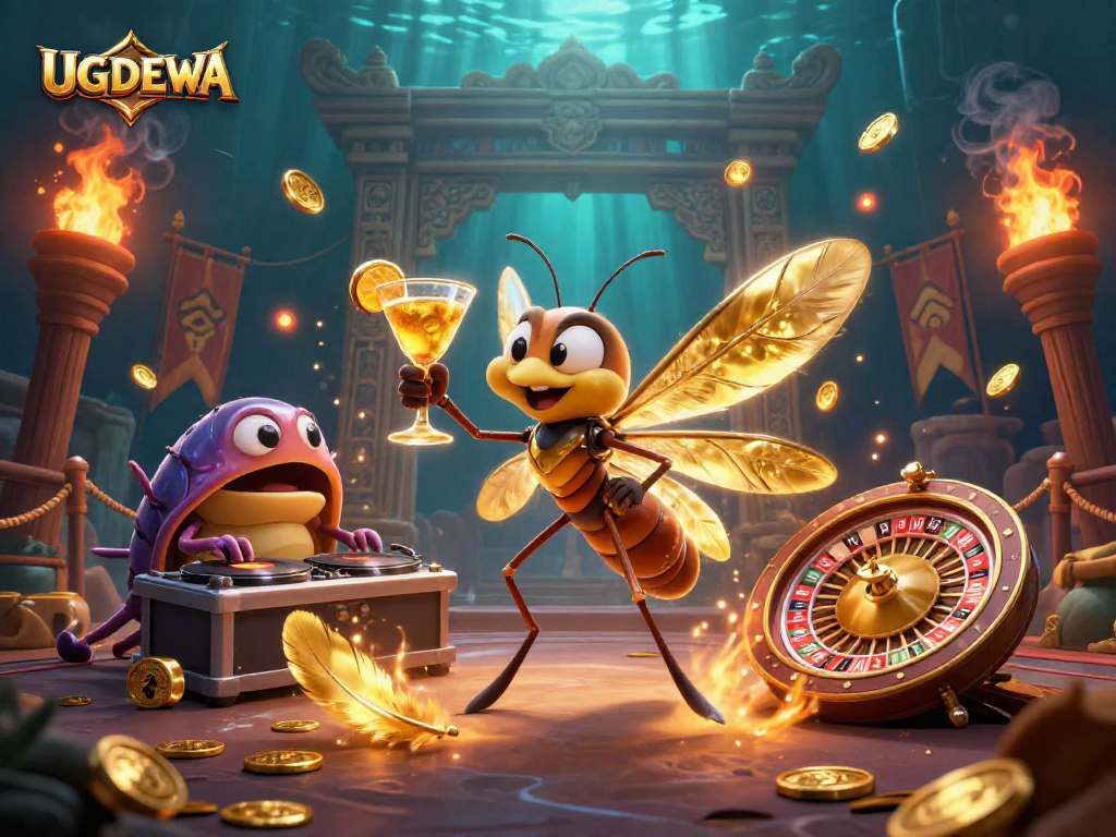 Experience the thrilling UGDEWA casino scene with unique mascots and dynamic game elements.