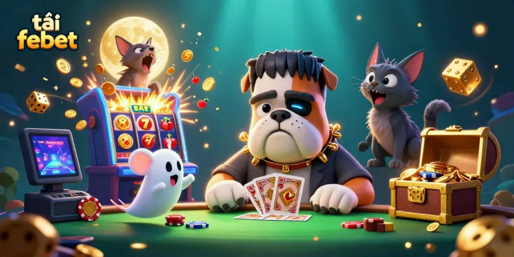 Engage in fun gameplay and tải febet with a vibrant casino scene featuring animated characters, slot machine, and treasure.