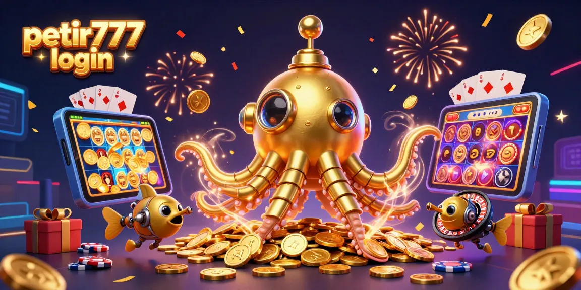 Experience thrilling gameplay with petir777 login amidst a vibrant casino scene filled with gold coins, festive confetti, and colorful games.