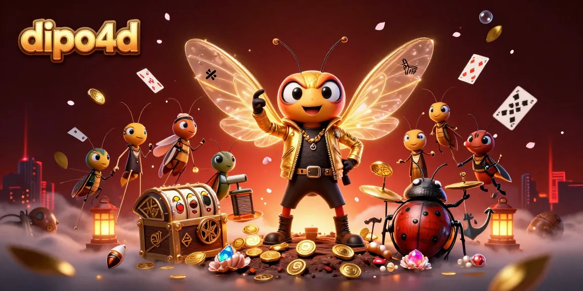 dipo4d showcases an exciting 3D illustration of a cartoon cicada rock star and dynamic casino elements celebrating gambling strategies.