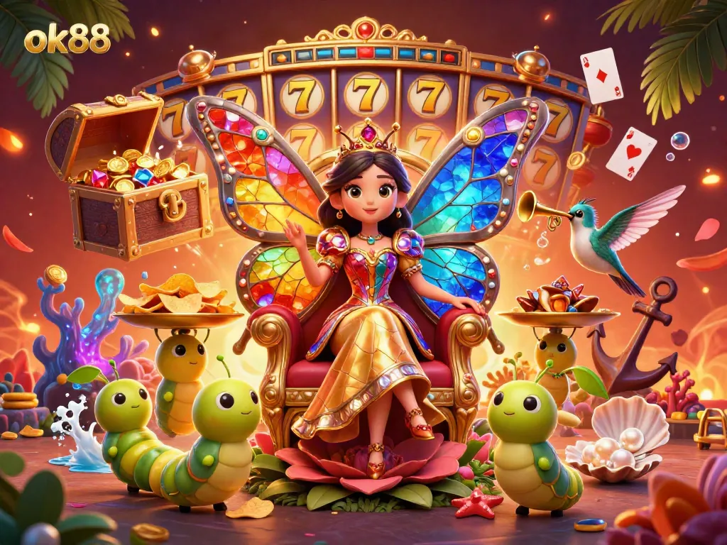 Experience thrilling moments at ok88 with the vibrant butterfly queen and golden chips amidst a vibrant gambling landscape.