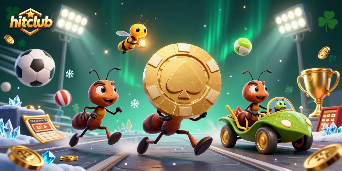 Hitclub showcases ants stealing a golden poker chip amid sports-themed casino excitement.