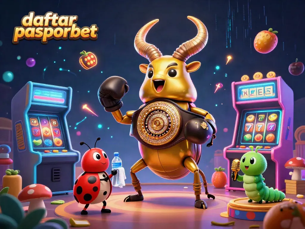 Gambarkan pengalaman daftar pasporbet dengan hewan kartun bertarung dalam latar kasino yang meriah.