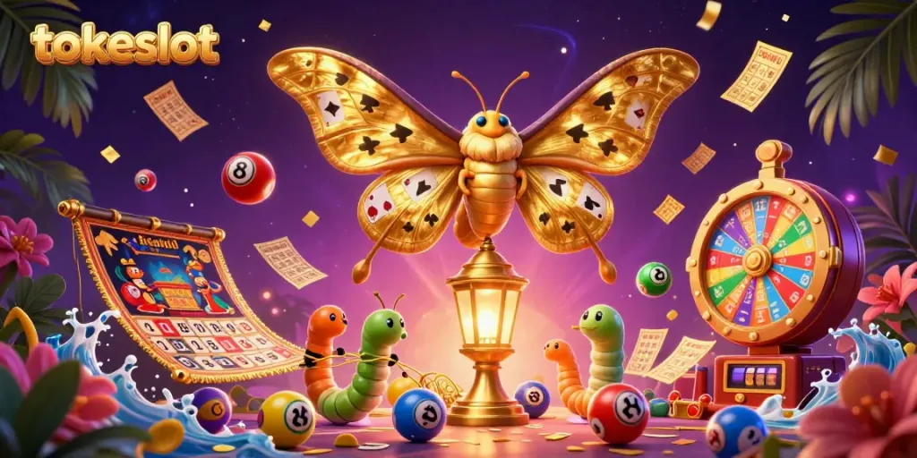 Tokeslot showcases a lively casino scene with colorful lottery elements and a majestic atlas moth.