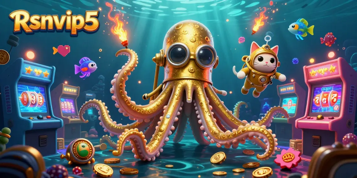 Rasakan sensasi Rsnvip5 dengan kraken kartun di tengah elemen permainan yang berwarna-warni.