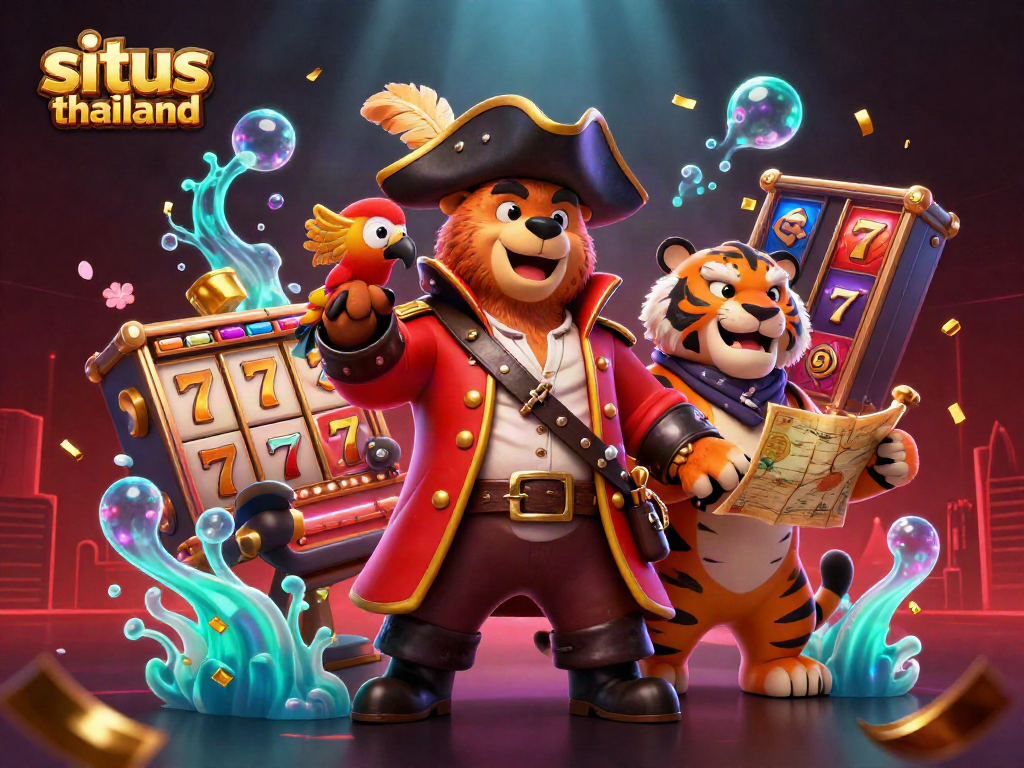 Engaging gameplay scenario at situs thailand showcasing cartoon pirate and tiger amid vibrant casino elements.