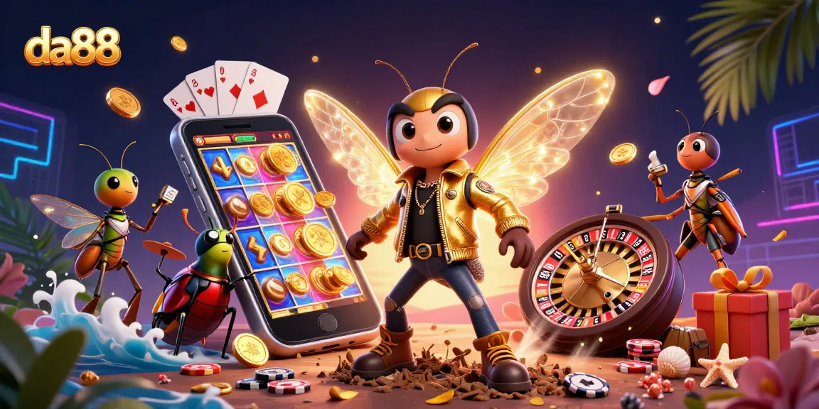 Spin to win with da88 as the cicada musician captivates in vibrant casino art.
