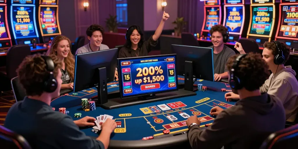 Engaging gaming experience on the Wolfbet Bonus Page with players enjoying vibrant casino games and bonus offers.